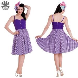Hell Bunny Purple Checkered Gingham Fit & Flare Pinup Style Midi Dress